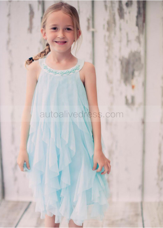 Beaded Neck Chiffon Ruffle Knee Length Flower Girl Dress